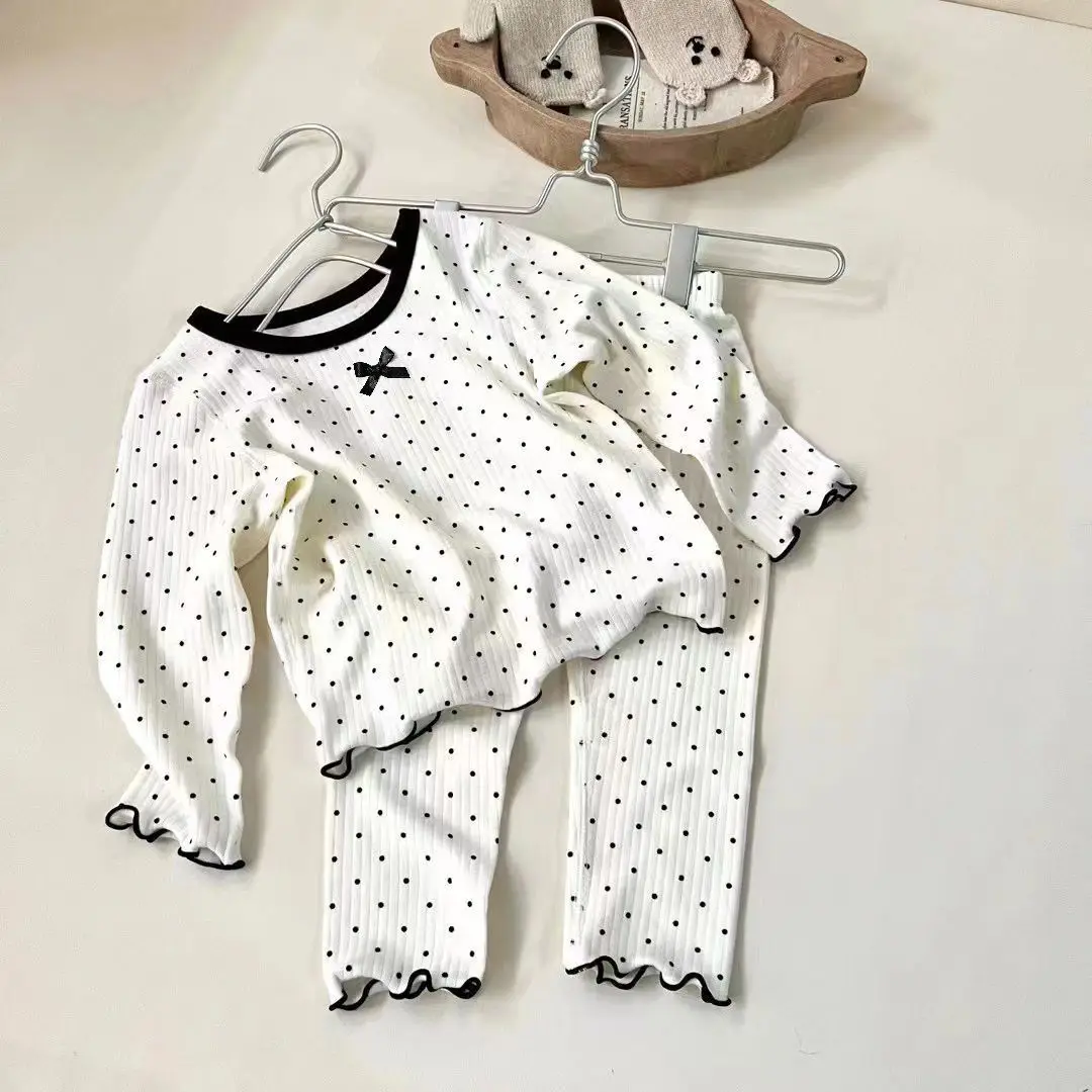 Color: Beige, Kid Size: 12M - Korean Girls' Loungewear Set - Dot Bow Pajamas & Soft Cotton Homewear | Fall Toddler Outfit Toddler Girl Clothes