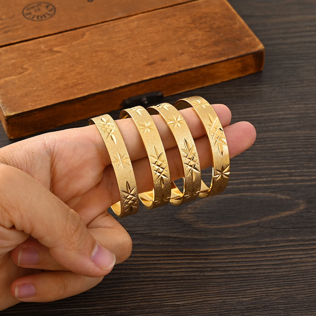 Metal Color: Light Yellow Gold Color, Ships From: CHINA - 4PCS 24K Gold Plated 45MM Cute Kid Size Bangle High Quality Dubai Ethiopian Bracelet Africa Party Gifts