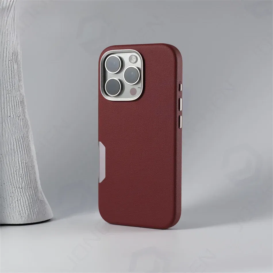 Color: Silver Pink, Material: Genuine Leather - For Magsafe Leather High Quality Alloy Camera Button Magnetic Case For iPhone 16 Pro Max 16pro Wireless Charge Shockproof Cover