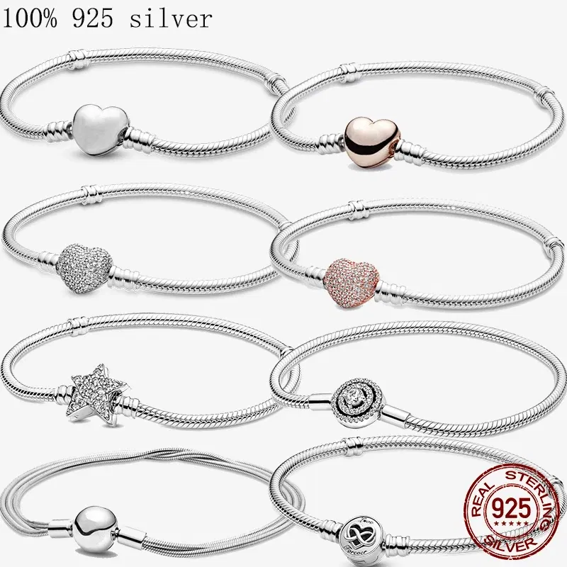 Gem Color: light brown, Length: 20cm - Original 925 Sterling Silver Bracelet Star Heart Clasp Snake Chain Rose Gold DIY Beads Charms Bracelets For Women Luxury Jewelry