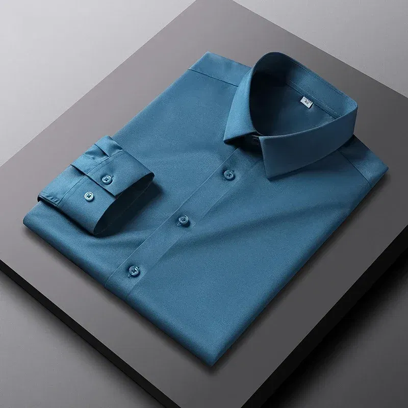 Color: SKY BLUE, Size: 4XL - Men's Casual and Fashionable Long Sleeved Solid Color Shirt Non Ironing and Wrinkle Resistant Business Top