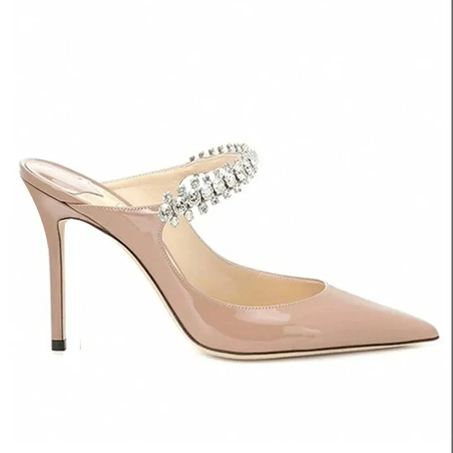 Color: green, Shoe Size: 42, Ships From: CHINA - Elegant Leather Mules Pointed Toe Stylish Rhinestone Embellished High Heel Sandals Sophisticated Party Evening Shoes Footwear