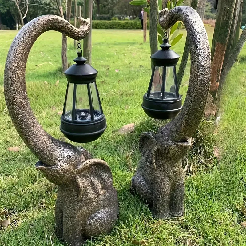 Solar-Powered Elephant Garden Statue - Resin Figurine with LED Light for Outdoor Decor