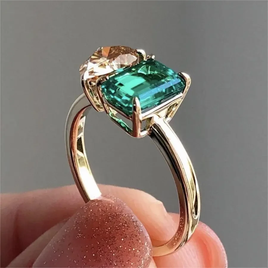 Fashion Jewelry Creative Double Main Stone Lady Green Yellow Zircon Square Stone Ring