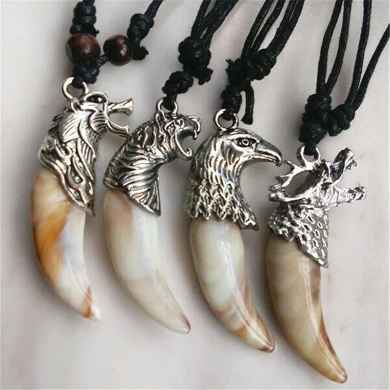 Metal Color: Blue Zinc, Length: 60cm, Ships From: CHINA - 8 style Punk Alloy Wolf Leopard head Eagle Head Tiger Teeth Pendant Necklace  Charms Beads Sweater Chain Rope Women Amulet