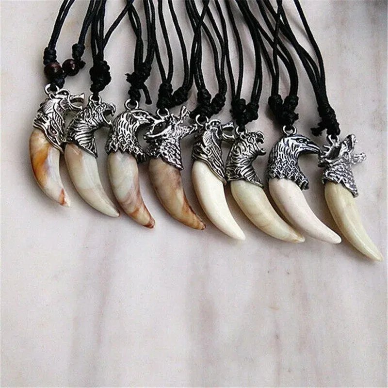 Metal Color: Blue Zinc, Length: 60cm, Ships From: CHINA - 8 style Punk Alloy Wolf Leopard head Eagle Head Tiger Teeth Pendant Necklace  Charms Beads Sweater Chain Rope Women Amulet