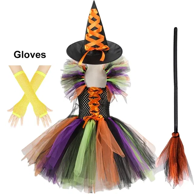 Color: Lavender, Kid Size: 9 - Halloween Witch Tutu Dress for Girls Handmade Mesh Bat Wizard Cosplay Costumes with Hat Broom Toddler Evil Party Clothes Set