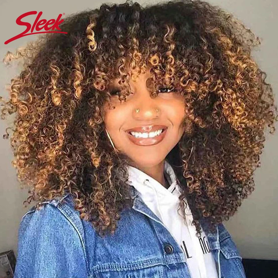Hair Color: T Color, Stretched Length: 14inches, Density: 230% - Sleek P4/27 Afro Kinky Curly Human Hair Bob Wigs Brazilian Highlight T1b/30 Remy Hair With Bang 250% Density Black Human Hair