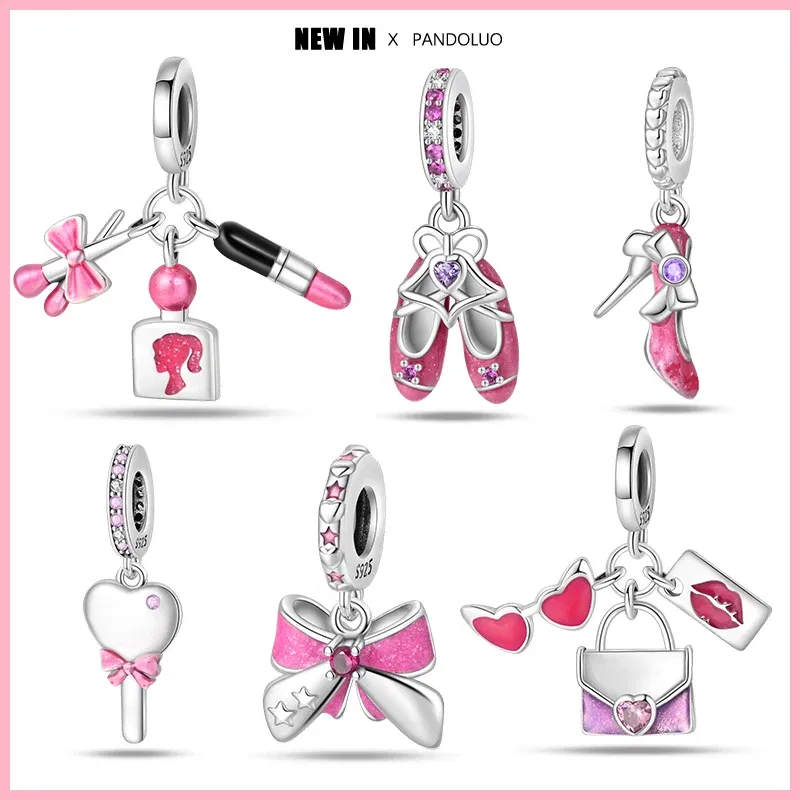 Color: Pink - 2024 New Fashion 925 Sterling Silver Crystal Slippers Barbie Series Charm Beads Suitable for Pandora Original Bracelet DIY Gift