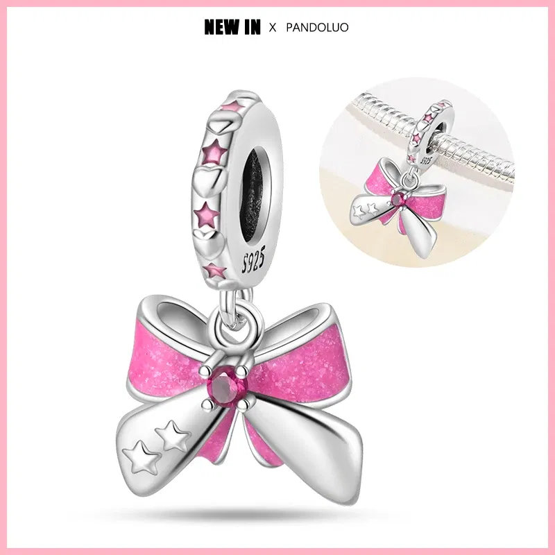 Color: Pink - 2024 New Fashion 925 Sterling Silver Crystal Slippers Barbie Series Charm Beads Suitable for Pandora Original Bracelet DIY Gift