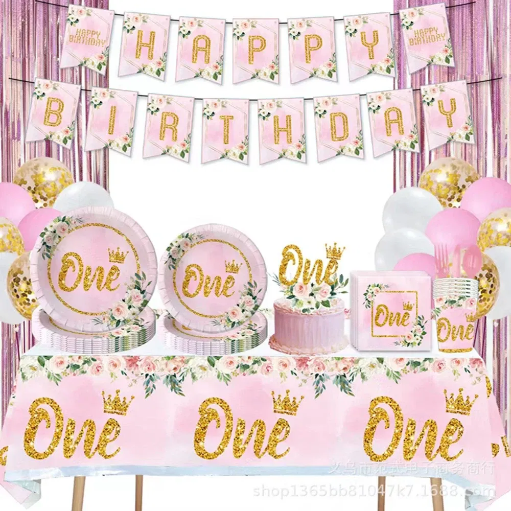 Color: Fluorescence Yellow - Girls One First Happy Birthday Disposable Tableware Pink Plate Napkins Cup Hat for Baby Shower 1 Year Old Birthday Party Deco
