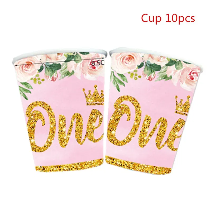 Color: Fluorescence Yellow - Girls One First Happy Birthday Disposable Tableware Pink Plate Napkins Cup Hat for Baby Shower 1 Year Old Birthday Party Deco