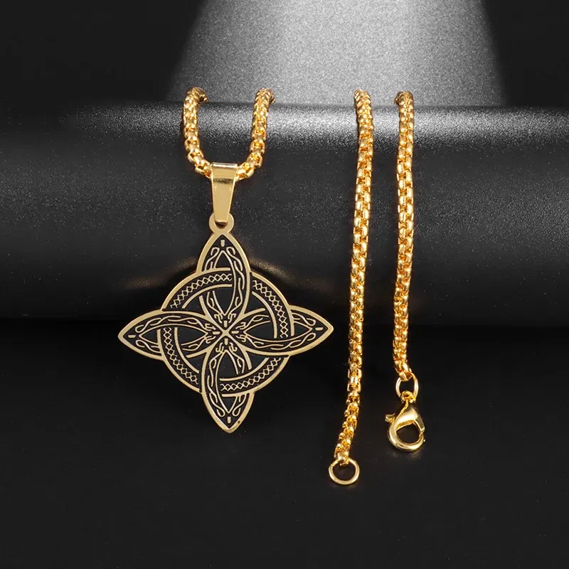 Metal Color: Antique Gold Plated - Stainless Steel Silver Color Pattern Witch Knot Pendant Necklace Celtic Knot Lucky Jewelry Gift for Friends Family