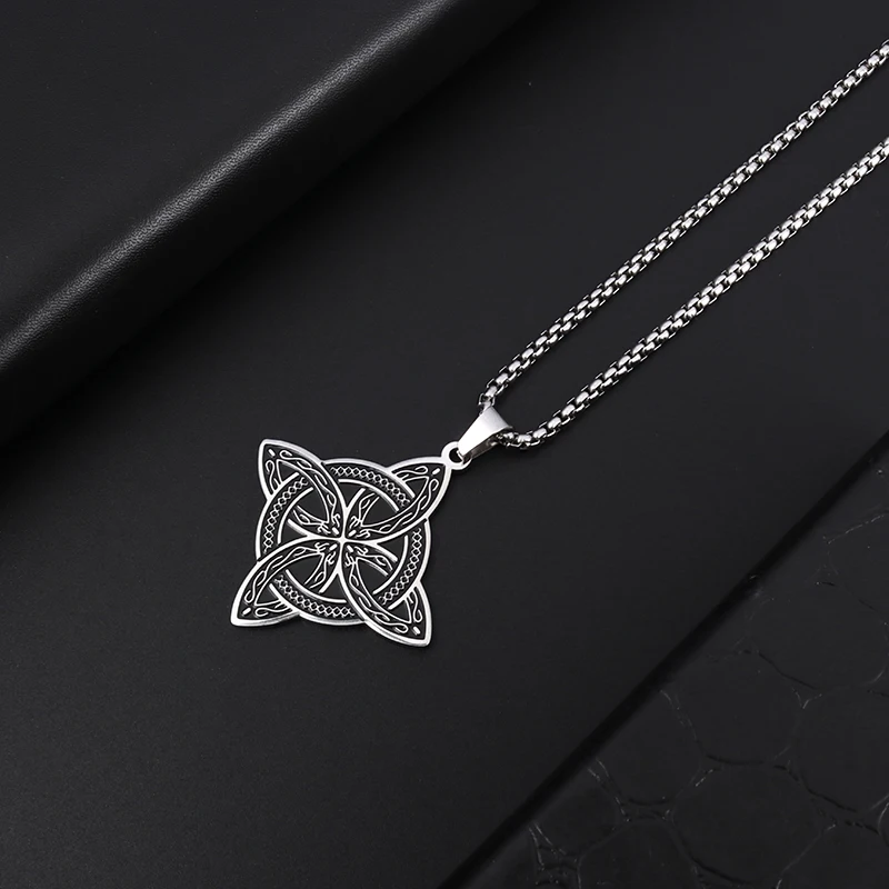 Metal Color: Antique Gold Plated - Stainless Steel Silver Color Pattern Witch Knot Pendant Necklace Celtic Knot Lucky Jewelry Gift for Friends Family