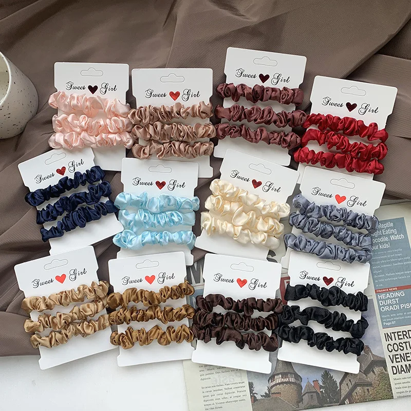 Color: Pink - Free Shipping 3PCS/Set Satin Silky Scrunchies Hair Rope Luxury Solid Color Elastic Hair Bands Women Hair Accessories Headwear