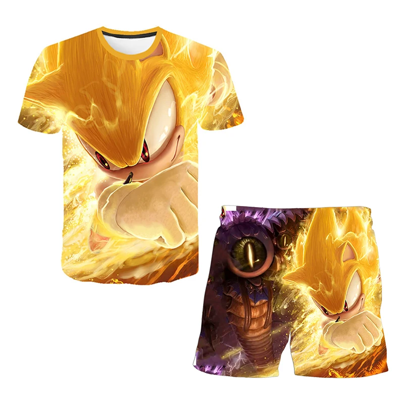 Color: light yellow, Size: >40cm - New Japanese cartoon Sonic T-shirt children's top T-shirt shorts two-piece set summer boy cartoon cute T-shirt+beach pants