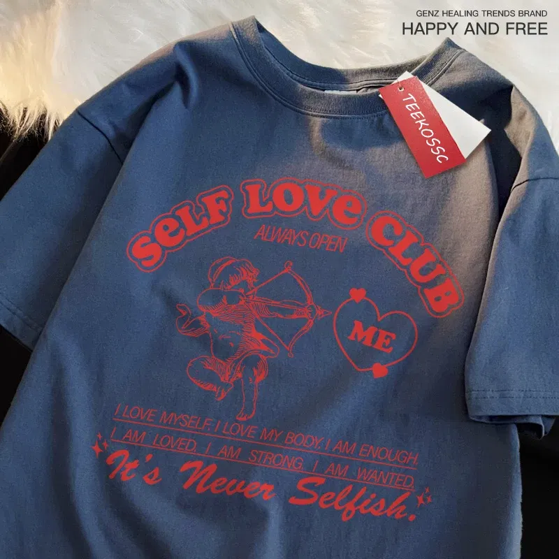 Color: black, Size: XXXL - Self Love Club Fun Cupid Men Women T Shirts Breathable Street Tee Clothes Cotton Summer Fashion Loose Casual Oversized T Shirt