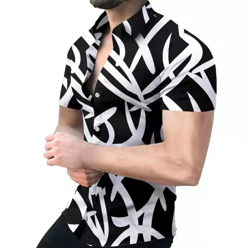 Color: Beige, Size: XL - 3D Men's Striped Printed Short Sleeve Shirt, Fashionable And Casual Loose Shirt, 2023 New Style.