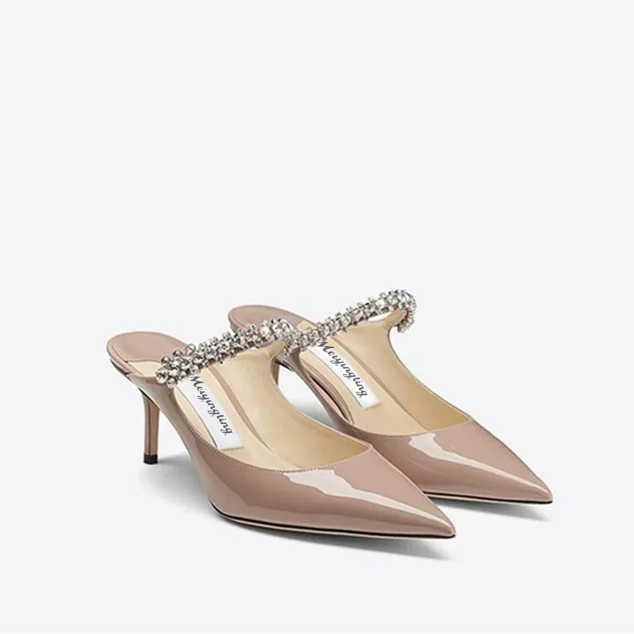 Color: Khaki, Shoe Size: 42, Ships From: CHINA - Elegant Leather Mules Pointed Toe Stylish Rhinestone Embellished High Heel Sandals Sophisticated Party Evening Shoes Footwear