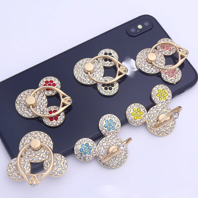 Color: Blue - Cute Anime Mickey Mouse Minnie Phone Finger Ring Holder With Diamond Kawaii High Quality Mobile Stand For Iphone 13 14 Huawei