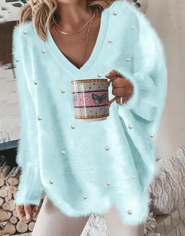 Color: army green, Size: XL - Korean Style Lazy Women's Sweater 2024 Autumn Ribbed Knitted Pullover V-Neck Pearl Long Sleeved Fluffy Top Women's Loose Sweater