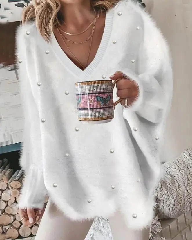 Color: army green, Size: XL - Korean Style Lazy Women's Sweater 2024 Autumn Ribbed Knitted Pullover V-Neck Pearl Long Sleeved Fluffy Top Women's Loose Sweater