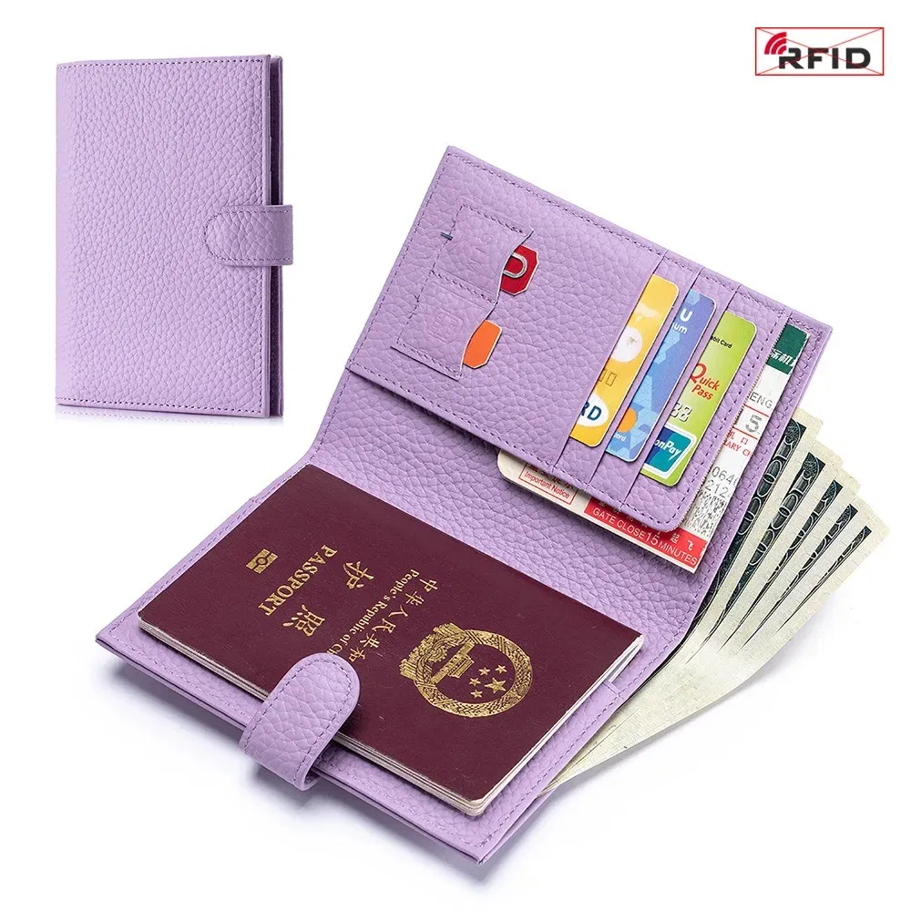 Color: Beige - Genuine Leather RFID Travel Passport Cover Case Wallet Bag Card Holder Cowhide Coin Purse Document Cover Flight Men Women