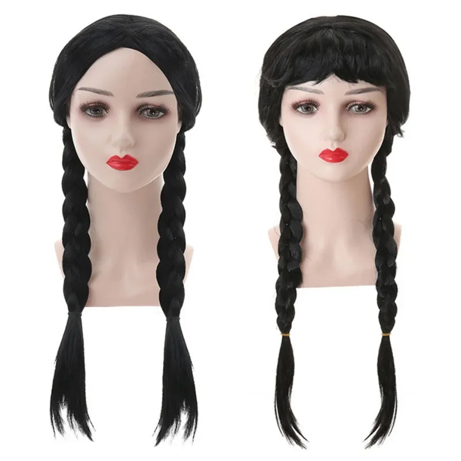 Color: WHITE - Wednesday Wig For Kids Halloween Wednesday Addams Black Braids Synthetic Hair Cosplay Accessories Crown Necklace Headdress Suit