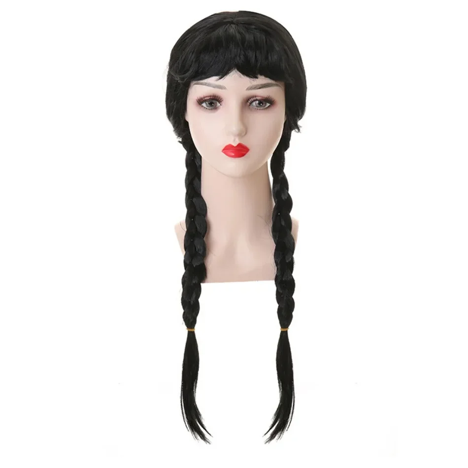 Color: WHITE - Wednesday Wig For Kids Halloween Wednesday Addams Black Braids Synthetic Hair Cosplay Accessories Crown Necklace Headdress Suit