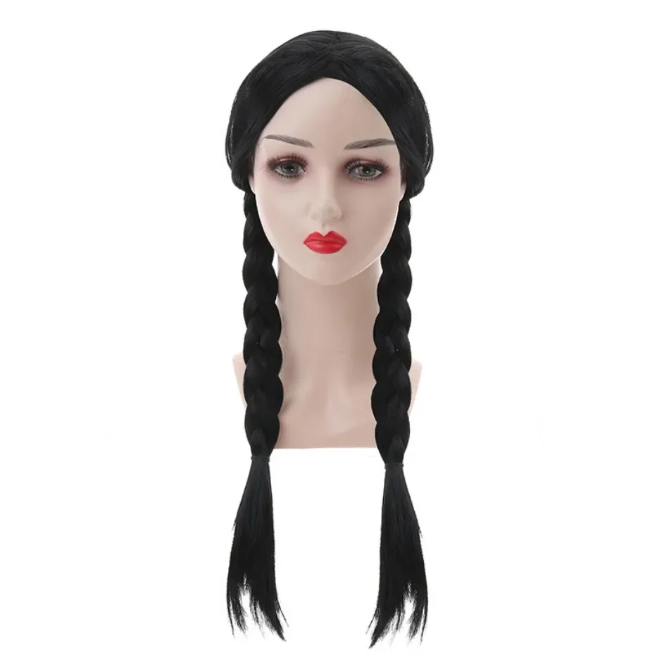 Color: WHITE - Wednesday Wig For Kids Halloween Wednesday Addams Black Braids Synthetic Hair Cosplay Accessories Crown Necklace Headdress Suit