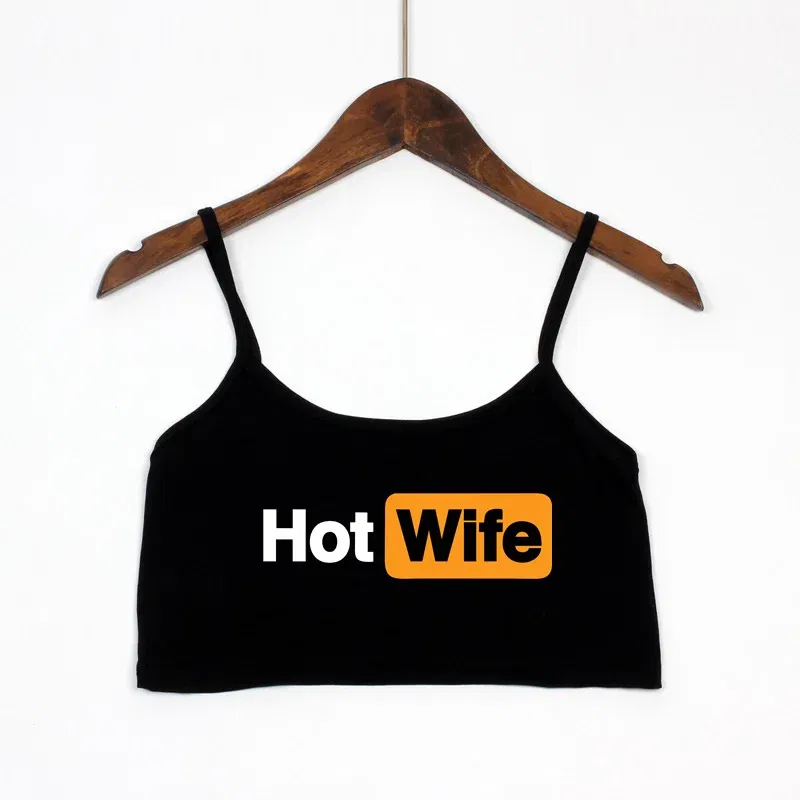 Color: SKY BLUE, Size: XL - Funny HOT WIFE Letters Print New Sexy Crop Top Summer Women's Sexy Elastic Cotton Camis Sleeveless Short Tank Top Bar Women