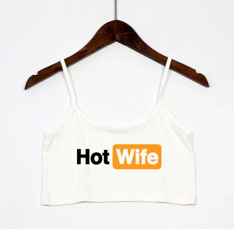 Color: SKY BLUE, Size: XL - Funny HOT WIFE Letters Print New Sexy Crop Top Summer Women's Sexy Elastic Cotton Camis Sleeveless Short Tank Top Bar Women