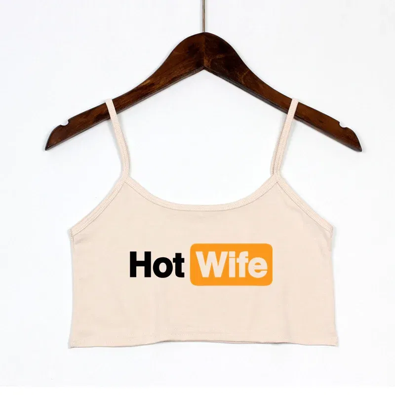 Color: SKY BLUE, Size: XL - Funny HOT WIFE Letters Print New Sexy Crop Top Summer Women's Sexy Elastic Cotton Camis Sleeveless Short Tank Top Bar Women
