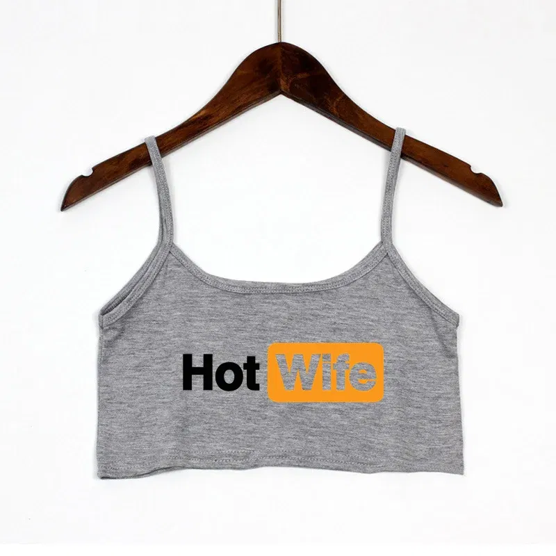 Color: SKY BLUE, Size: XL - Funny HOT WIFE Letters Print New Sexy Crop Top Summer Women's Sexy Elastic Cotton Camis Sleeveless Short Tank Top Bar Women