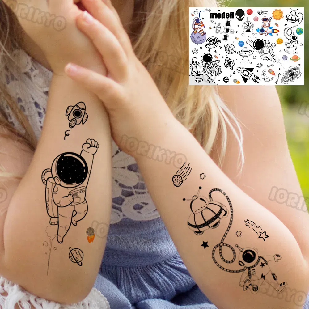 Color: Brown - Airplane Spaceman Temporary Tattoos For Kids Face Neck Boy Girls Adult Fake Planets Astronaut Tattoo Sticker Black Cartoon Tatoo