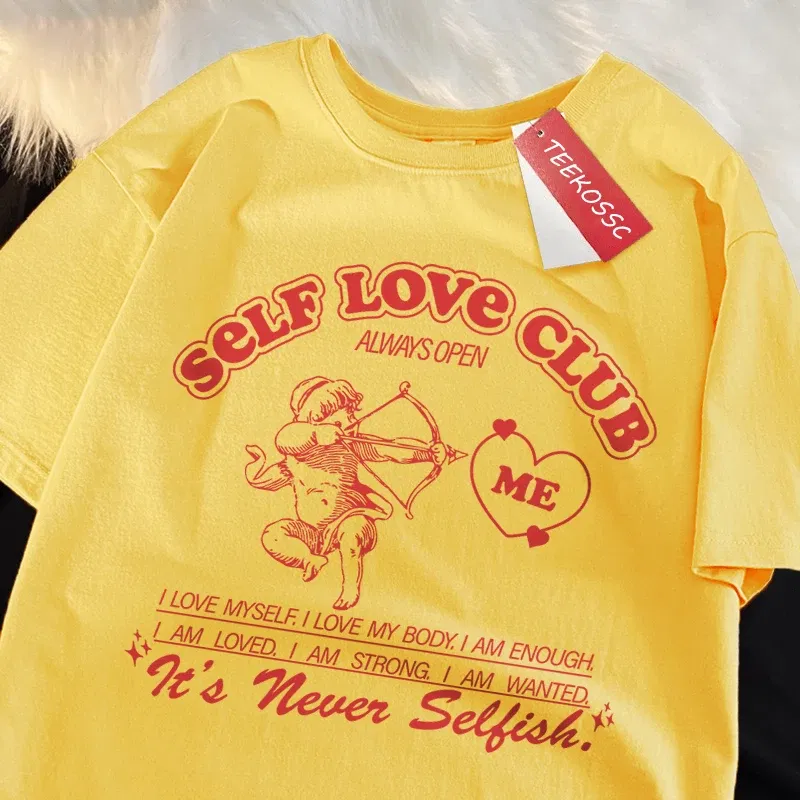 Color: army green, Size: XL - Self Love Club Fun Cupid Men Women T Shirts Breathable Street Tee Clothes Cotton Summer Fashion Loose Casual Oversized T Shirt