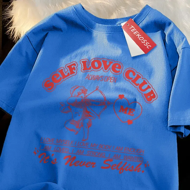 Color: army green, Size: XL - Self Love Club Fun Cupid Men Women T Shirts Breathable Street Tee Clothes Cotton Summer Fashion Loose Casual Oversized T Shirt