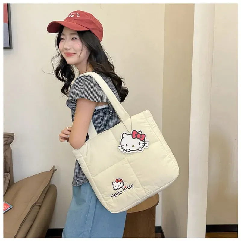 Color: Blue, Size: Extra Large - 2024 New Sanrio Handbag Cartoon Cute Down Fabric Kuromi Tote Bag Shoulder Pacha Dog Cute Stationery Bag Large Capacity Handbag