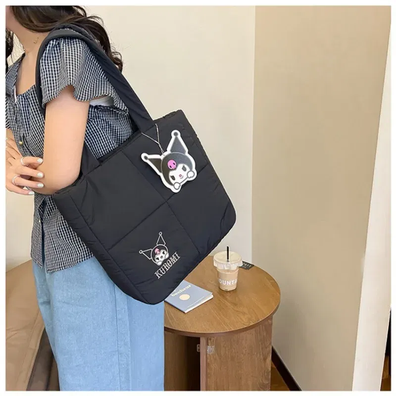 Color: Blue, Size: Extra Large - 2024 New Sanrio Handbag Cartoon Cute Down Fabric Kuromi Tote Bag Shoulder Pacha Dog Cute Stationery Bag Large Capacity Handbag