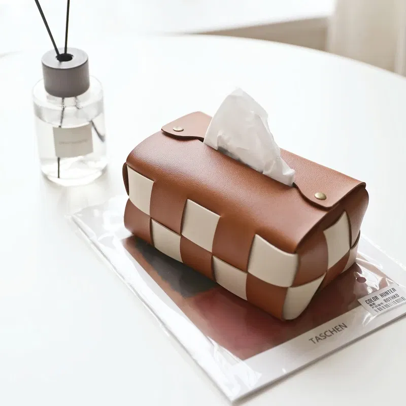 Color: Chocolate - Checkerboard Woven Tissue Box PU Leather Napkin Case Living Room Office Desktop Home Decoration Creative Paper Towel Cover