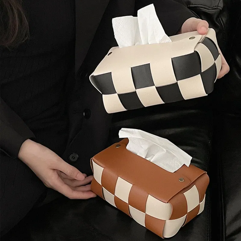 Color: Chocolate - Checkerboard Woven Tissue Box PU Leather Napkin Case Living Room Office Desktop Home Decoration Creative Paper Towel Cover