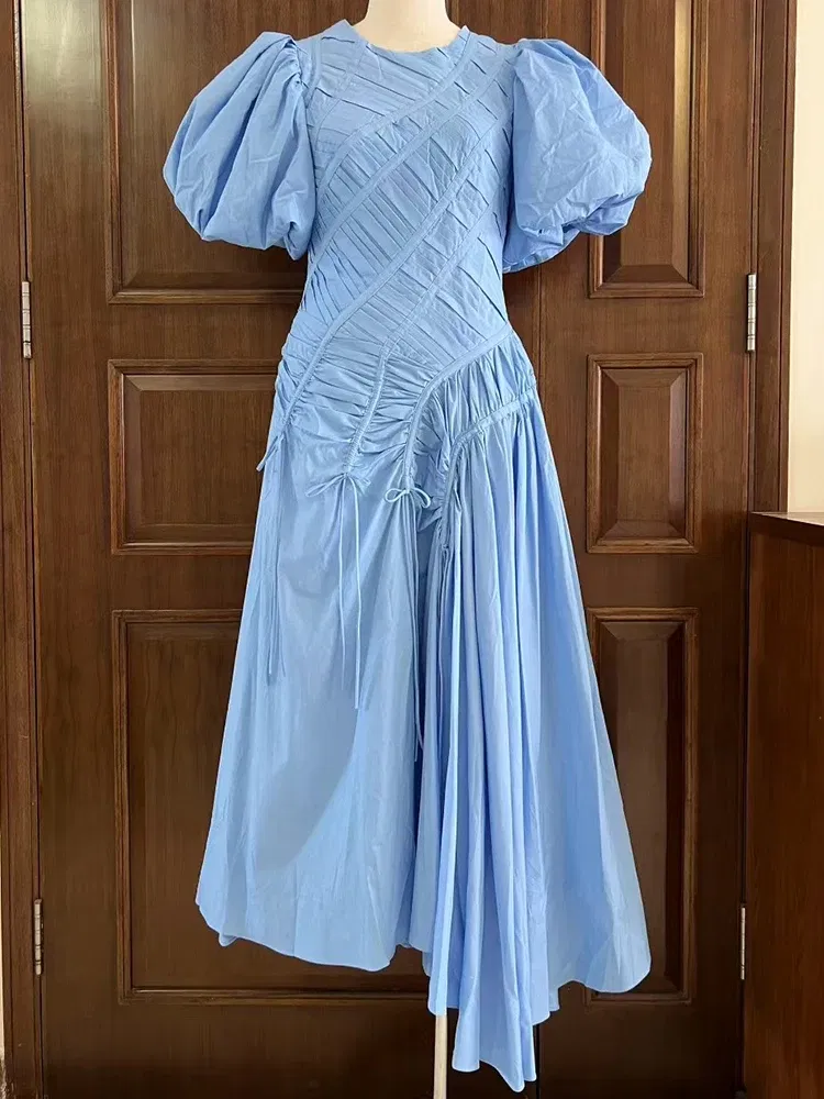 Color: WHITE, Size: XXL - 2025 summer women's new round neck lantern short sleeve irregular stitching drawstring dress slim dinner temperament long dress