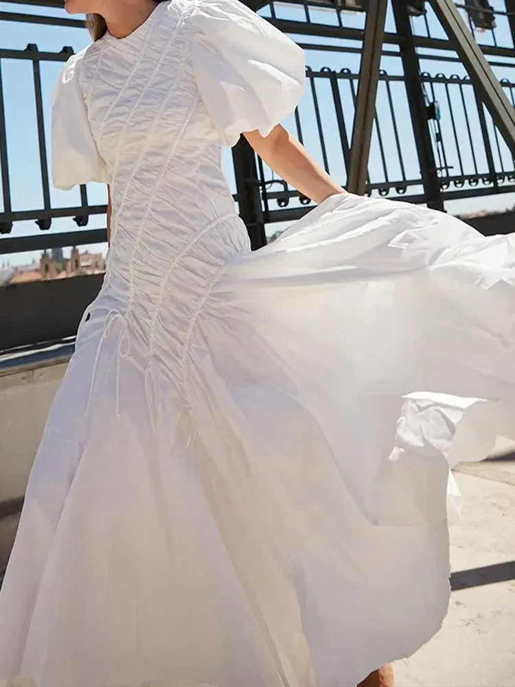 Color: WHITE, Size: XXL - 2025 summer women's new round neck lantern short sleeve irregular stitching drawstring dress slim dinner temperament long dress