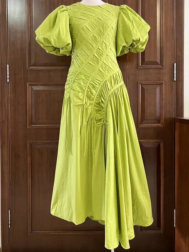 Color: WHITE, Size: XXL - 2025 summer women's new round neck lantern short sleeve irregular stitching drawstring dress slim dinner temperament long dress