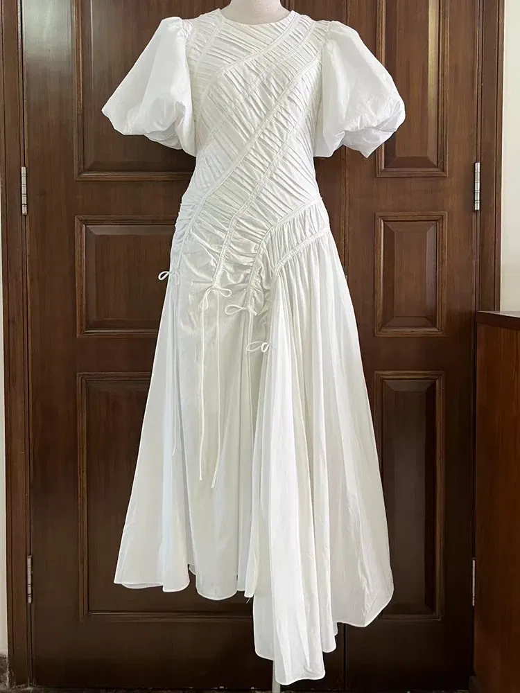 Color: WHITE, Size: XXL - 2025 summer women's new round neck lantern short sleeve irregular stitching drawstring dress slim dinner temperament long dress