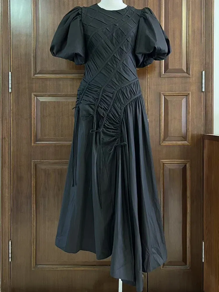 Color: WHITE, Size: XXL - 2025 summer women's new round neck lantern short sleeve irregular stitching drawstring dress slim dinner temperament long dress