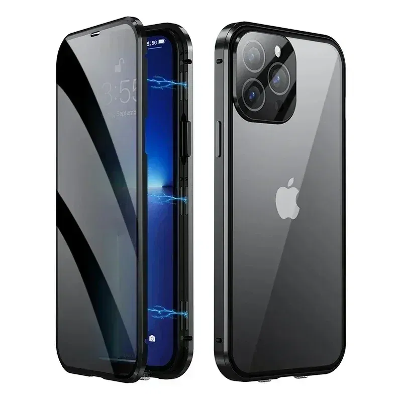 Color: Beige, Material: Nylon - Double-Sided Privacy Magnetic Case For iPhone 16 12 13 14 15 11 Pro Max 14 Plus 16 Plus Anti Peeping Full Cover Metal Frame Case