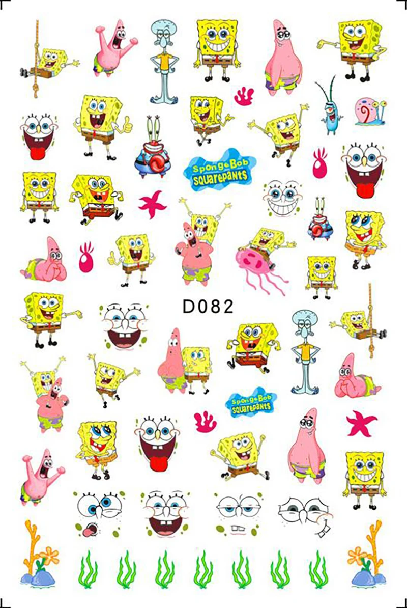 Color: Silver - 1PCS Miniso Spongebob Cartoon Nail Stickers Nail Art Decoration Cute Hello Kitty Stitch Nail Art Stickers Nail Art Supplies