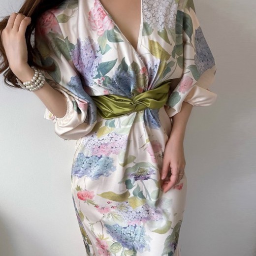 French Elegant V-neck Decor Printed Kink Dress