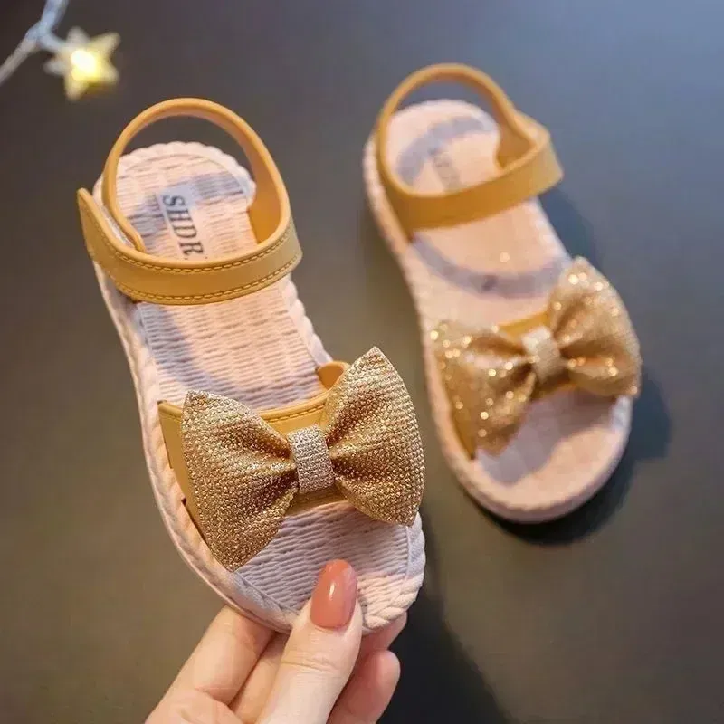 Color: SKY BLUE, Shoe Size: 2.5 - Girls Sandals 2024 Summer Princess Children Sandals Bow Tie Girl Shoes Fashion Casual Non Slip Kids Beach Shoes